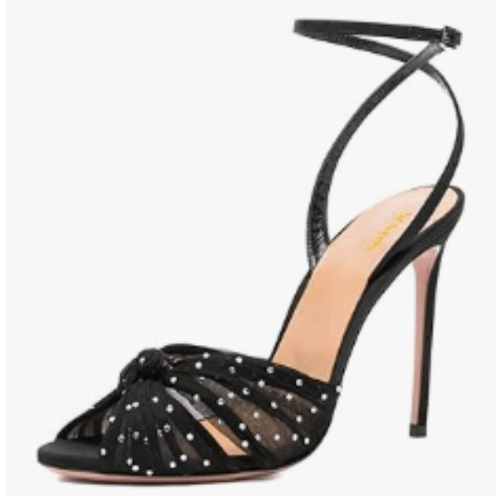 XYD Black Stiletto High Heel Ankle Strap Crystal Studs Sheer Mesh Knotted Sandal